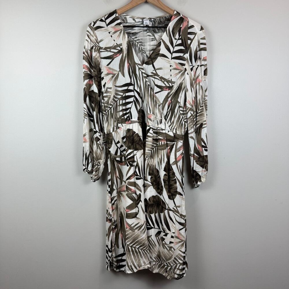 Old Navy Dress Women's Large White Olive Tropical Faux Wrap Long Sleeve Beachy